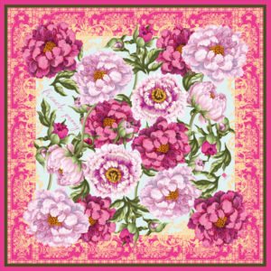 French Peony Scarf with floral design, silk blend, hand-rolled edges.