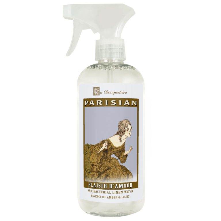 Plaisir d'Amour Antibacterial Linen Water 19oz bottle with elegant label design.