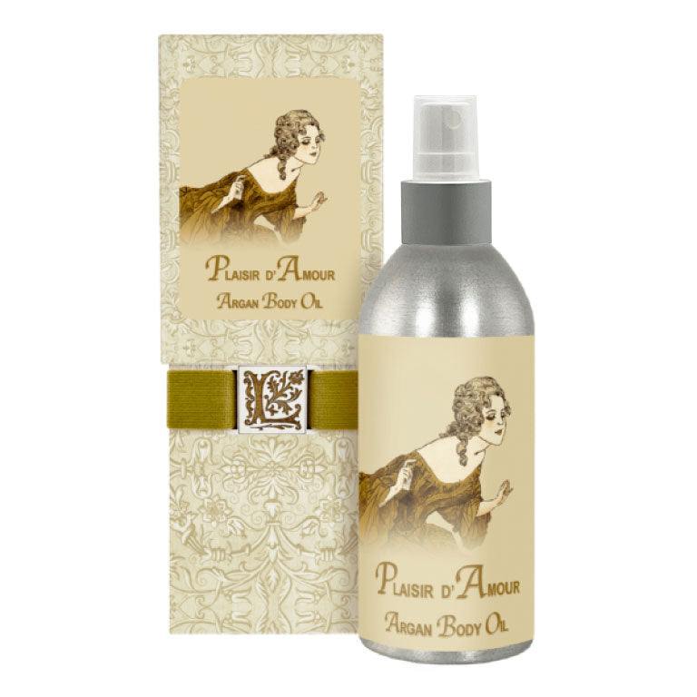 Plaisir d'Amour French Body Argan Oil 8oz bottle with ornate packaging featuring a vintage design.