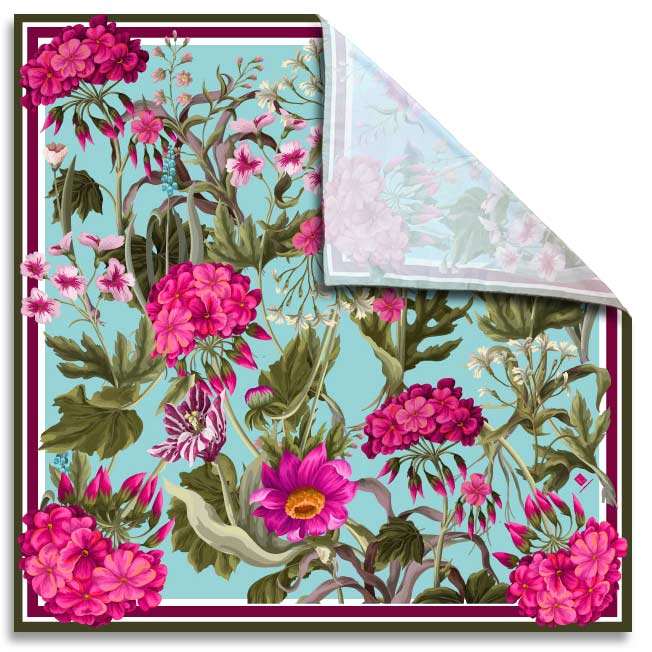Luxury scarf with floral pattern and hand-rolled edges.