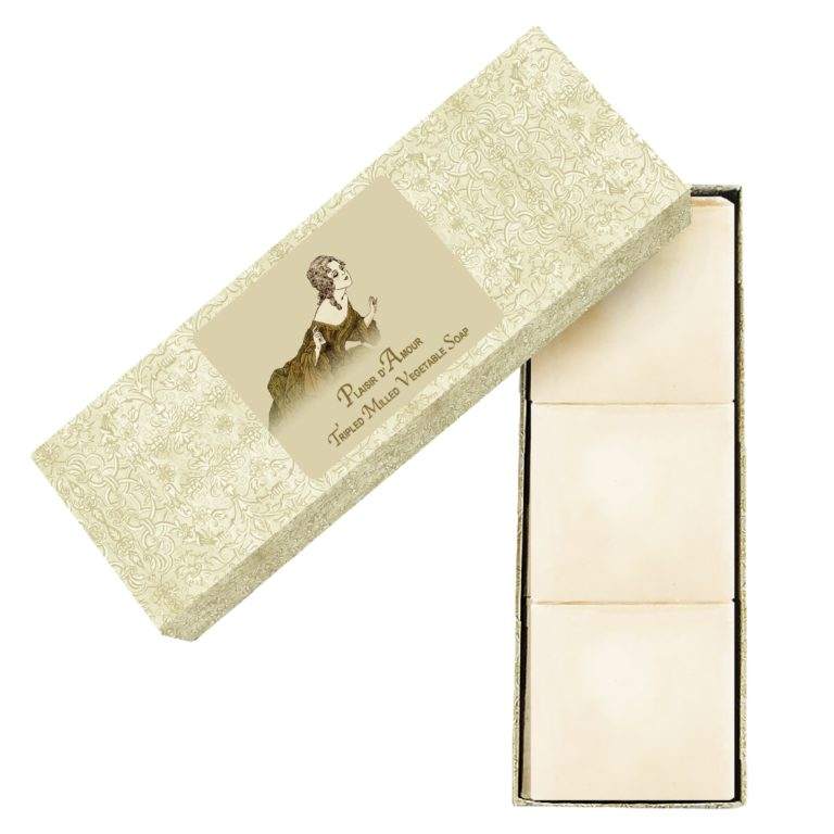 Plaisir d'Amour Tripled Milled Vegetable Soap set of 3 in elegant packaging.