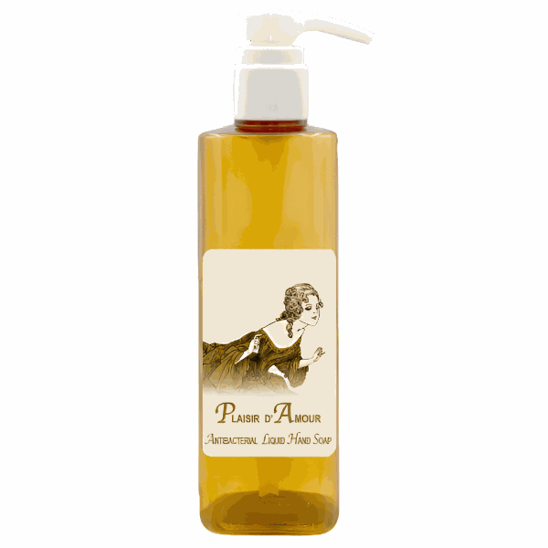 Plaisir d'Amour Antibacterial Liquid Hand Soap 20oz bottle with vintage label design in amber color.