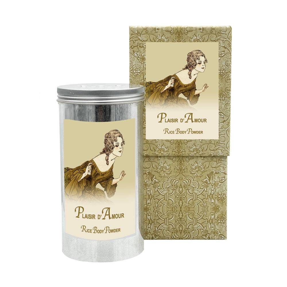 Plaisir d'Amour Rice Body Powder in an aluminum canister with decorative packaging.