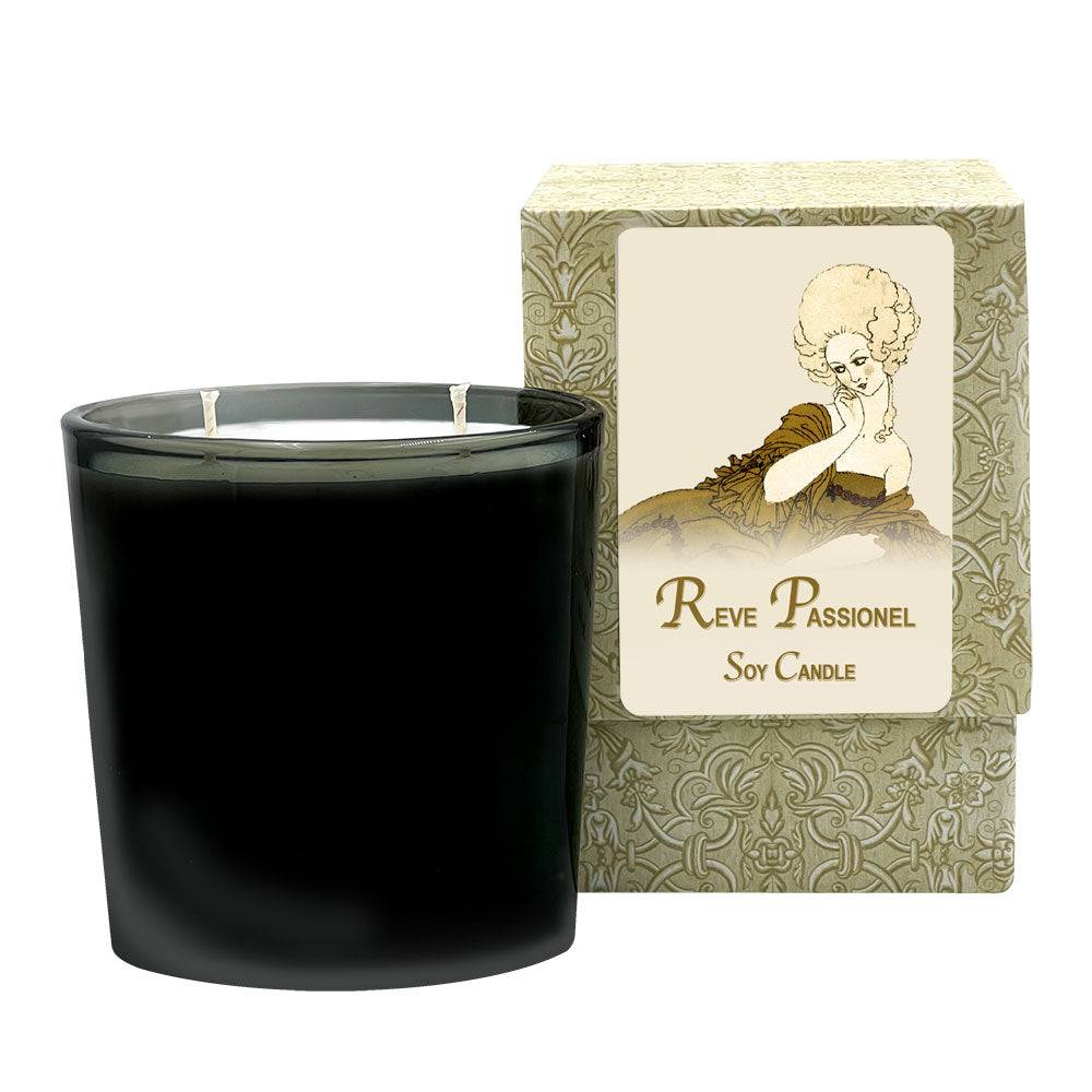 Reve Passionel Medium Candle with 70-hour burn time in glass jar, featuring jasmine, rose, and ylang ylang scents.