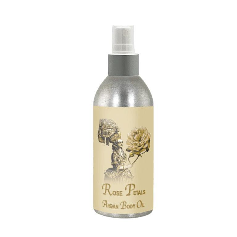 Natural body oil with rose petals and argan in a sleek 8oz bottle.