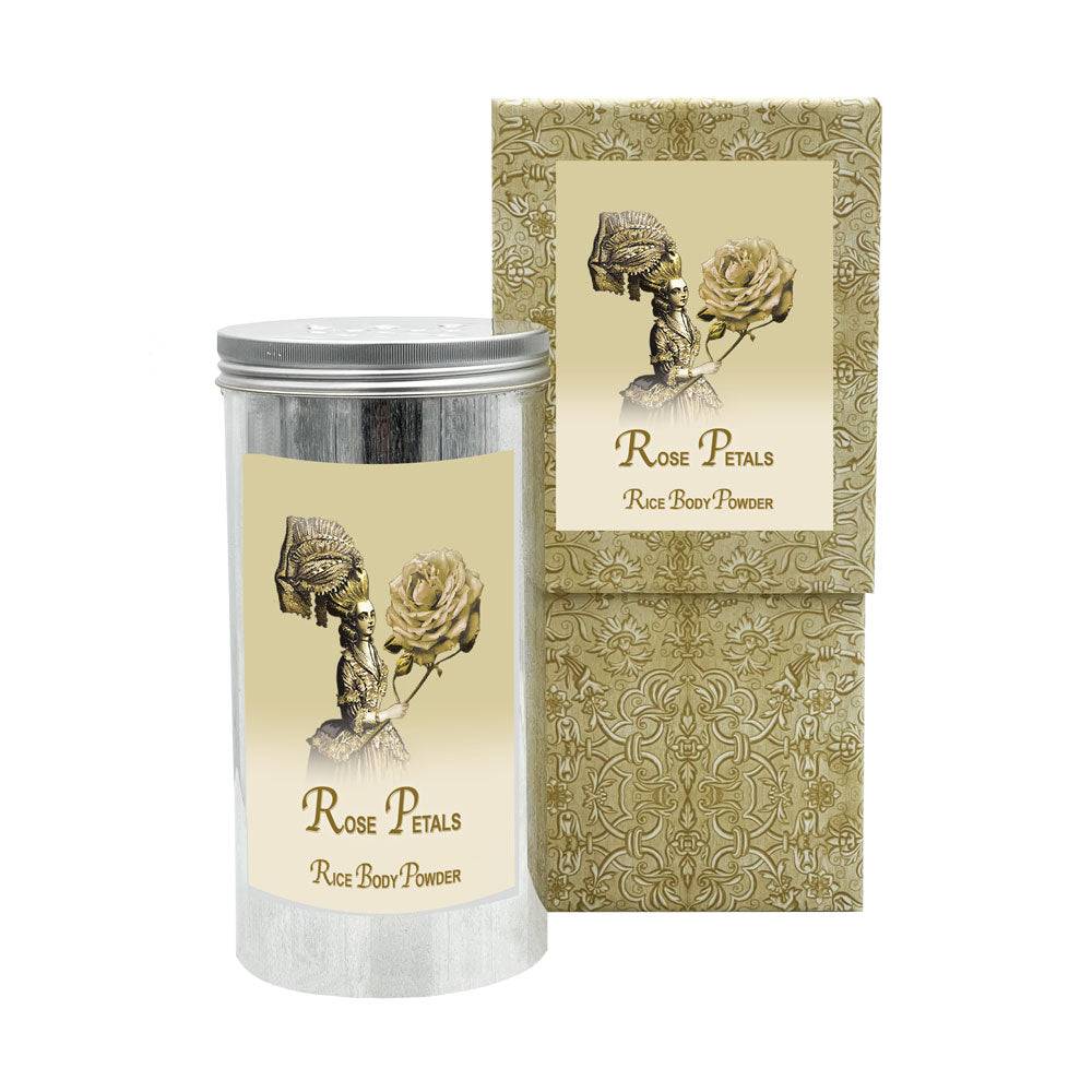 Rose Petal Rice Body Powder in Aluminum Canister with Elegant Packaging