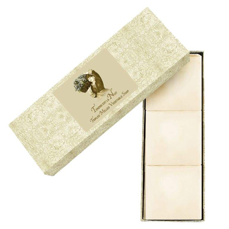 Tendre est la Nuit triple-milled vegetable soap set of three in decorative box.