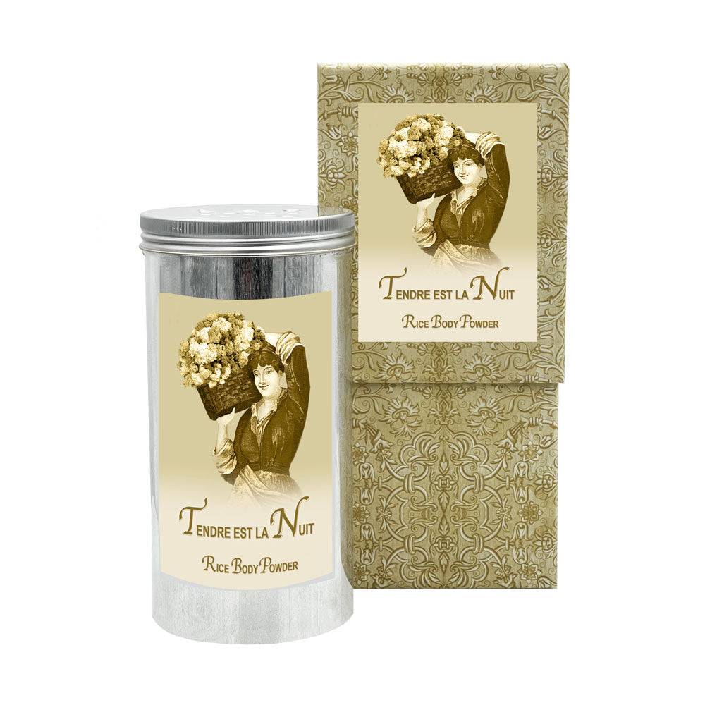 Tendre Est La Nuit Rice Body Powder in aluminum canister with vintage packaging design.