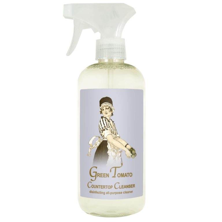 Green Tomato Counter Top Cleanser 19oz bottle with spray nozzle, featuring natural and biodegradable ingredients.