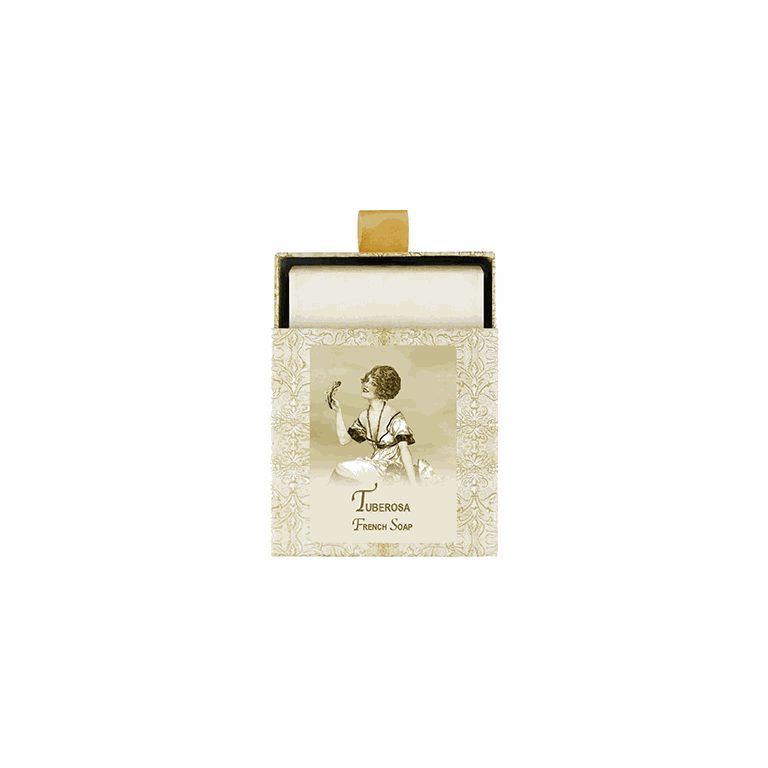 Tuberosa French Soap 7oz in elegant packaging, handcrafted and triple-milled, featuring premium butters and a refreshing scent.