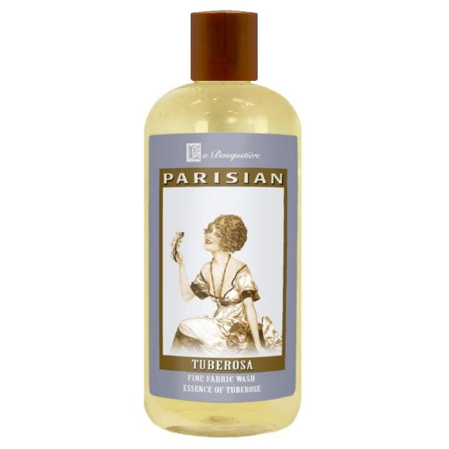 Tuberosa Fine Fabric Wash 19oz bottle with a vintage label, featuring biodegradable and plant-based ingredients, suitable for sensitive skin.