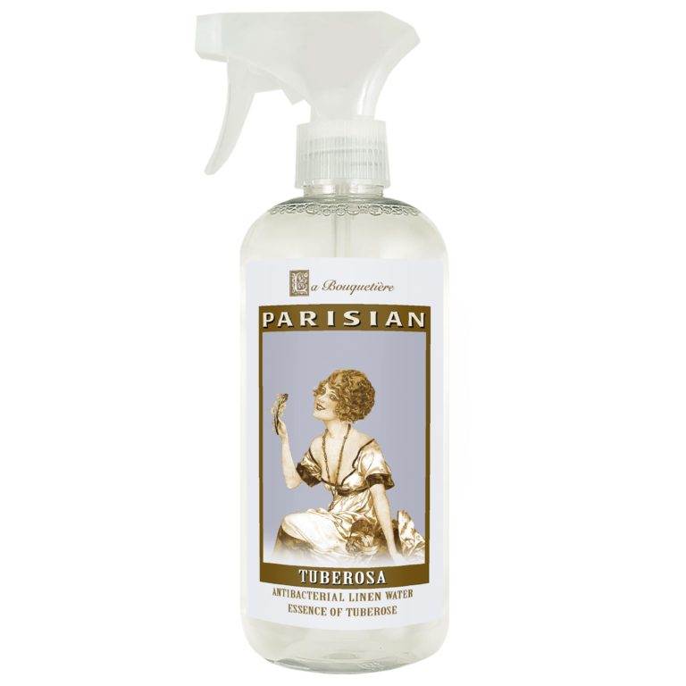 Tuberosa Fine Antibacterial Linen Water 19oz bottle with vintage-style label, designed by La Bouquetiere in California.