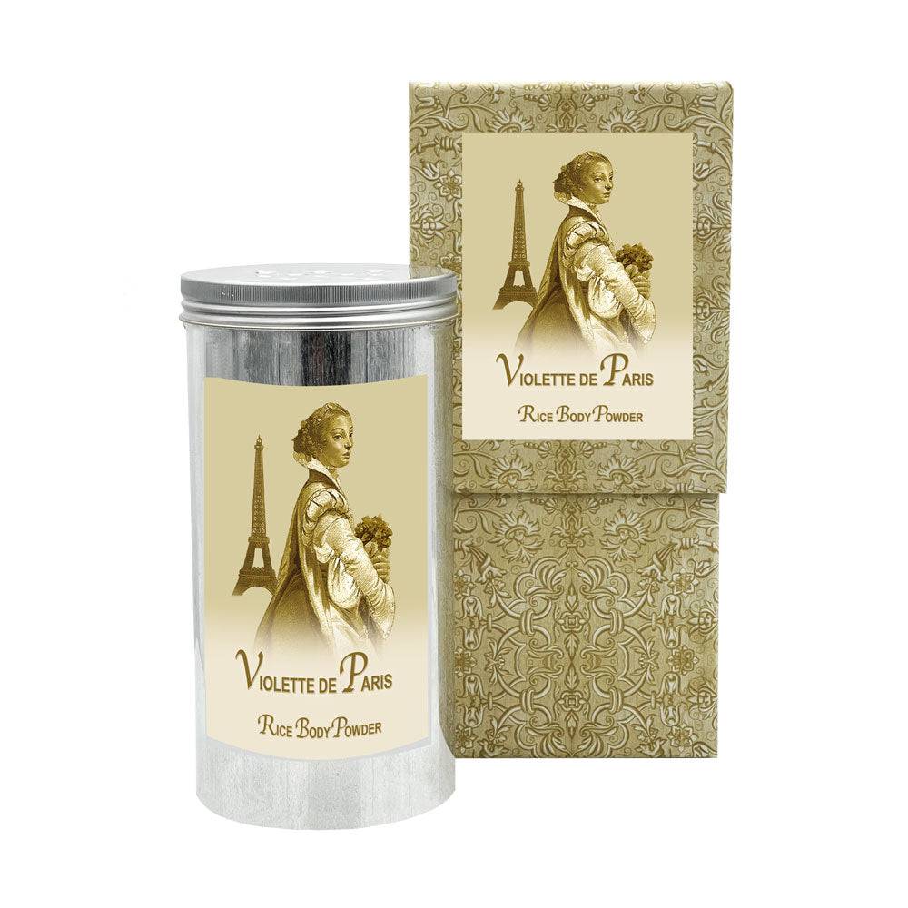 Violette de Paris Rice Body Powder in decorative aluminum canister and box.
